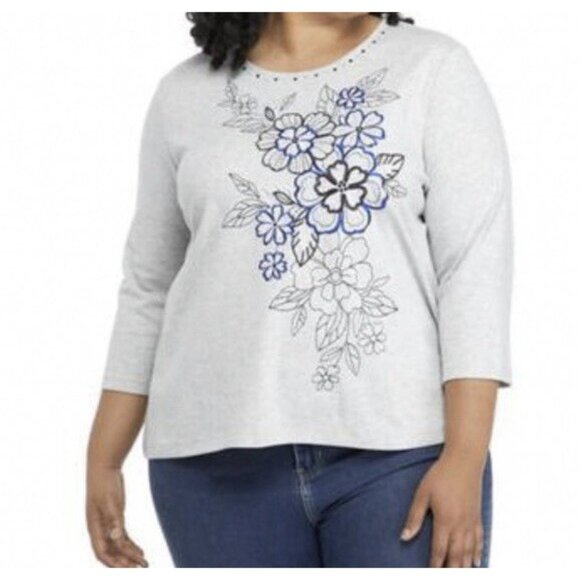 Alfred Dunner Tops - ALFRED DUNNER Woman Top Embellished Chenille Floral Size 2X Gray Long Sleeves